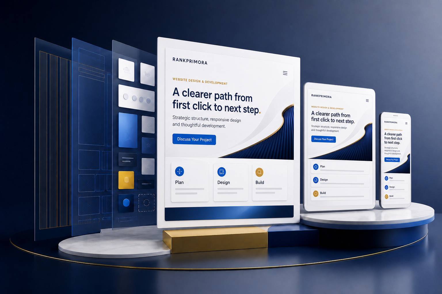 Responsive website interface displayed across desktop, tablet and mobile devices