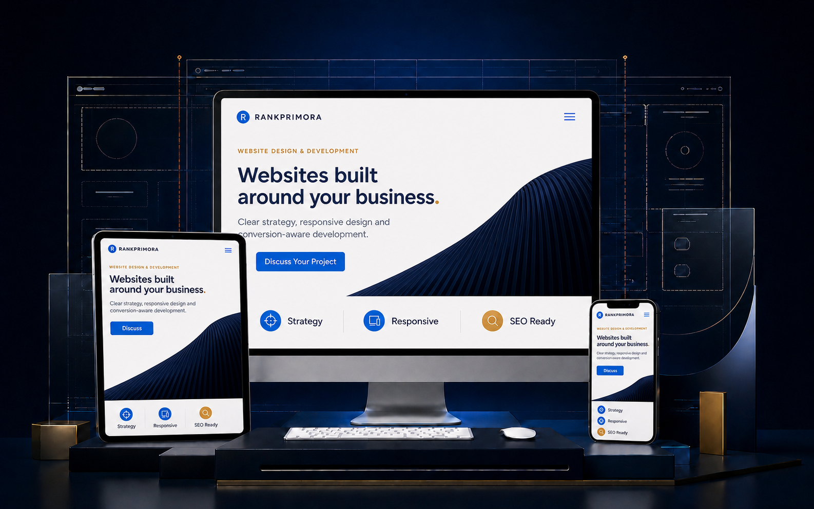 Website interface shown across desktop, tablet and mobile screens